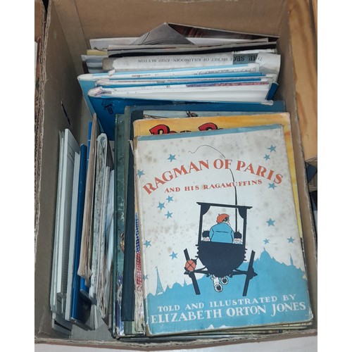 525 - TWO BOXES OF MAINLY CHILDRENS BOOKS BY ENID BLYTON, ANNUALS AND SOME ORDANANCE MAPS