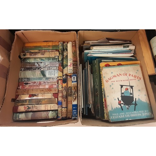 525 - TWO BOXES OF MAINLY CHILDRENS BOOKS BY ENID BLYTON, ANNUALS AND SOME ORDANANCE MAPS