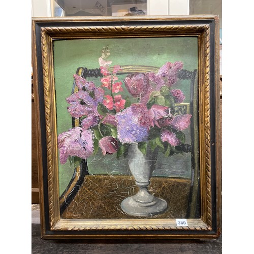 380 - CALMADY OILS ON BOARD STILL LIFE VASE OF FLOWERS 54CM X 42CM