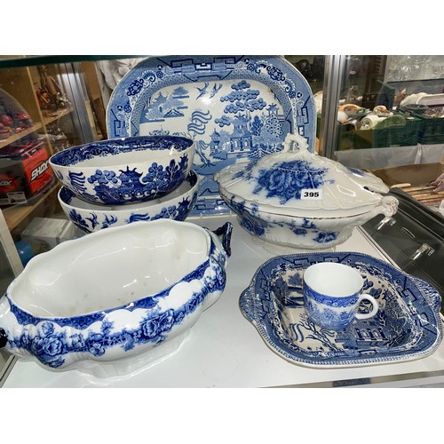 395 - BLUE AND WHITE TRANSFER PRINTED MEAT PLATTER, PEDESTAL BOWLS, TUREEN AND COVER