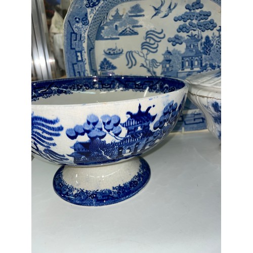 395 - BLUE AND WHITE TRANSFER PRINTED MEAT PLATTER, PEDESTAL BOWLS, TUREEN AND COVER