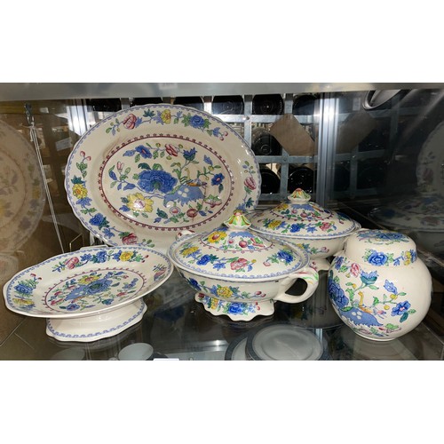 396 - MASONS IRONSTONE REGENCY PATTERN MEAT PLATTER, TUREENS, OVOID JAR AND COVER