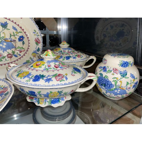 396 - MASONS IRONSTONE REGENCY PATTERN MEAT PLATTER, TUREENS, OVOID JAR AND COVER