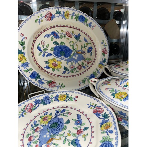 396 - MASONS IRONSTONE REGENCY PATTERN MEAT PLATTER, TUREENS, OVOID JAR AND COVER