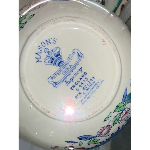 396 - MASONS IRONSTONE REGENCY PATTERN MEAT PLATTER, TUREENS, OVOID JAR AND COVER