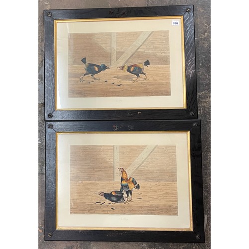 356 - PAIR OF TINTED ENGRAVINGS OF COCK FIGHTING AFTER COOPER ENTITLED THE SET TWO AND THE VICTORY FRAMED ... 