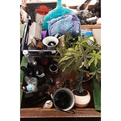 535 - CRATE AND CARTON CONTAINING ARTIFICIAL PLANT, BRASS MONKEY FIGURE, MINI BINOCULARS, TORCH