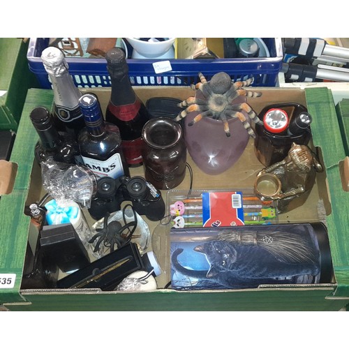 535 - CRATE AND CARTON CONTAINING ARTIFICIAL PLANT, BRASS MONKEY FIGURE, MINI BINOCULARS, TORCH