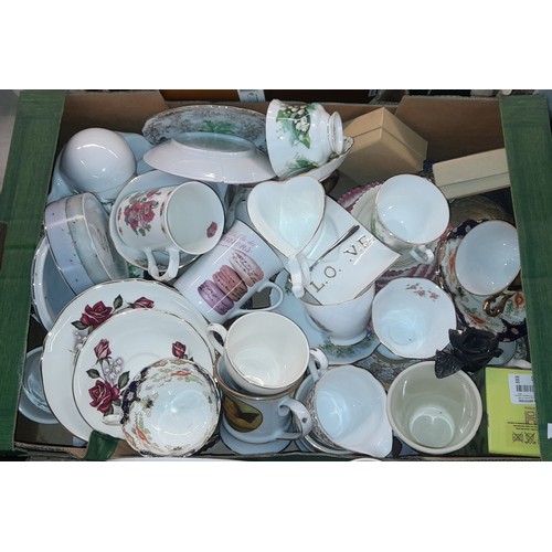 534 - TWO CARTONS OF VARIOUS BONE CHINA TEACUPS AND SAUCER TRIOS, MOP LADY JAR AND COVER, WATER JUGS, AND ... 