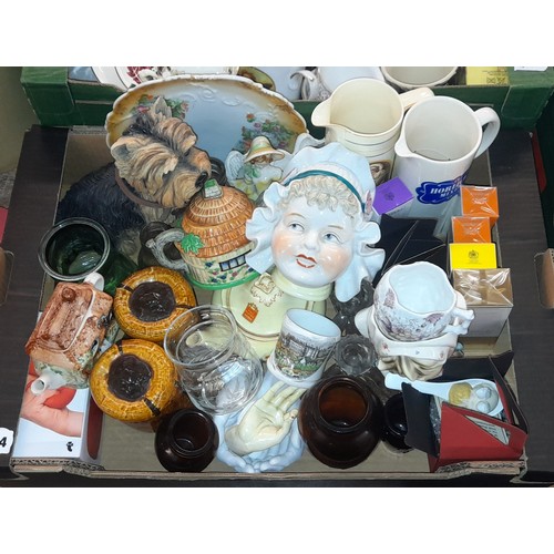 534 - TWO CARTONS OF VARIOUS BONE CHINA TEACUPS AND SAUCER TRIOS, MOP LADY JAR AND COVER, WATER JUGS, AND ... 