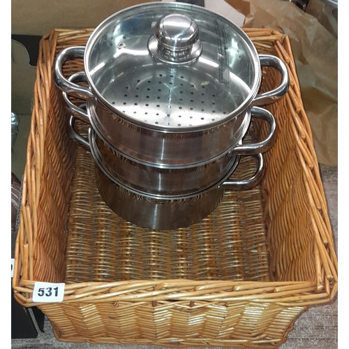 531 - WICKER BASKET, STAINLESS STEEL STACKING PANS, AND HOLDALL OF CLOTHING, AND TWO GARDEN TRUGS, PHOTOGR... 