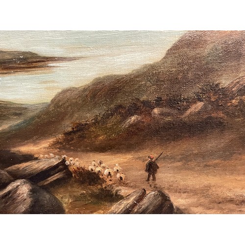 387 - 19TH CENTURY ENGLISH SCHOOL HARRY WATER HOUSE SHEPHERD AND A FLOCK OF SHEEP IN A HIGHLAND SEASCAPE S... 