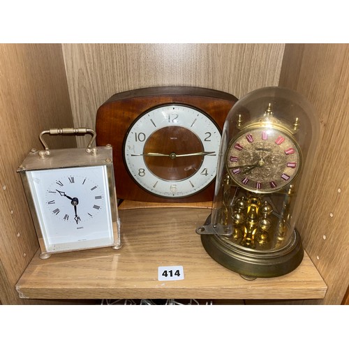 414 - ANNIVERSARY TYPE DOME CLOCK, SMITHS MANTLE CLOCK AND QUARTZ CARRIAGE CLOCK