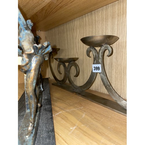 399 - METAL WORK FIVE CANDLE HOLDER AND A METAL PATINATED BALLERINA AT THE BAR FIGURE GROUP