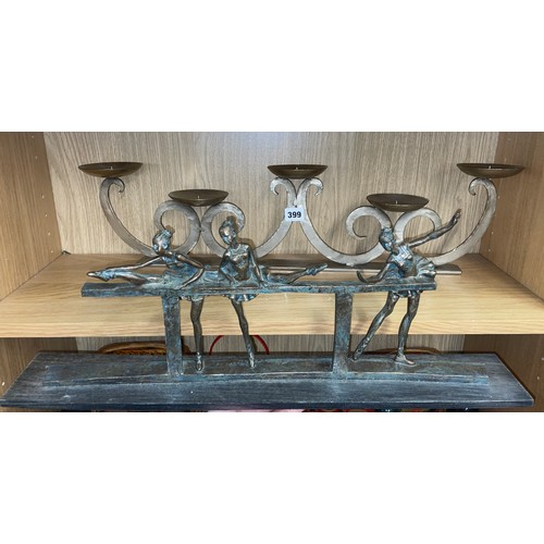 399 - METAL WORK FIVE CANDLE HOLDER AND A METAL PATINATED BALLERINA AT THE BAR FIGURE GROUP