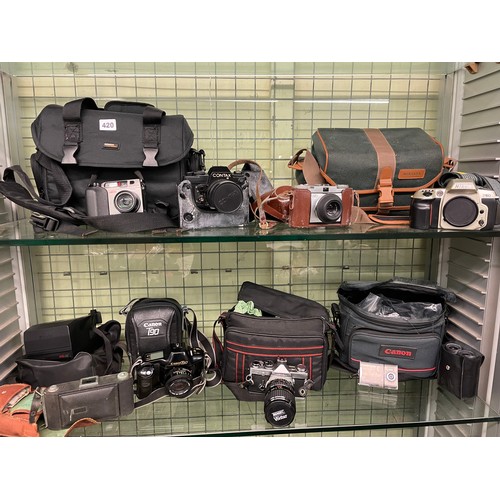 420 - CONTAX 35M CAMERA, ZEISS CONTINA CAMERA, CANON T90 CAMERA, AND NIKON F60 AND F55 CAMERAS WITH BAGS A... 