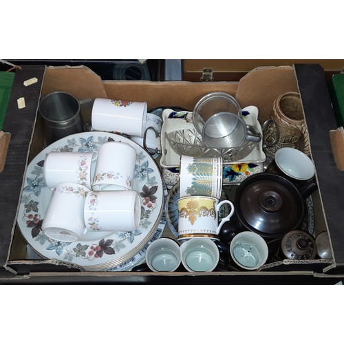 540 - CARTON - BONE CHINA ROYAL COMMEMORATIVE MUGS, DINNER PLATES, PEWTER WARES, AND DENBY STONEWARE