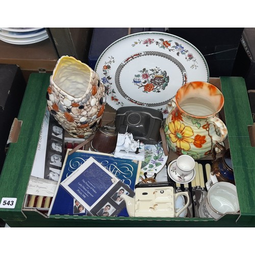 543 - SYLVAC PEBBLE VASE, SPODE CAKE PLATE, CASED BUTTER KNIVES, NOVELTY OVEN RANGE TEAPOT AND FAIRING