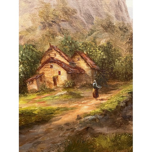 383 - 20TH CENTURY OIL ON CANVAS OF FIGURE ON A LANE BEFORE A COTTAGE IN A GILT SWEPT FRAME 49CM X 39CM