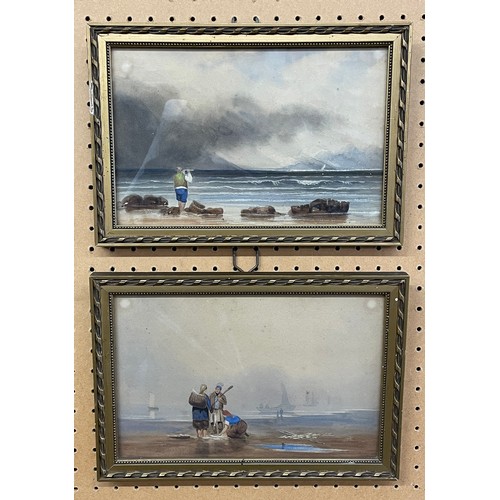 374 - 19TH CENTURY CONTINENTAL SCHOOL WATER COLOURS FIGURES ON A BEACH A PAIR FRAMED AND GLAZED 15.5CM X 2... 