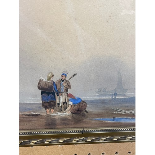 374 - 19TH CENTURY CONTINENTAL SCHOOL WATER COLOURS FIGURES ON A BEACH A PAIR FRAMED AND GLAZED 15.5CM X 2... 