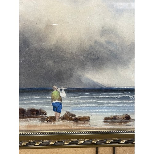 374 - 19TH CENTURY CONTINENTAL SCHOOL WATER COLOURS FIGURES ON A BEACH A PAIR FRAMED AND GLAZED 15.5CM X 2... 