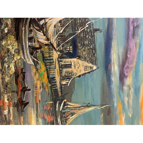 385 - OILS ON BOARD BOATS IN A MOONLIT ESTUARY 74CM X 37CM