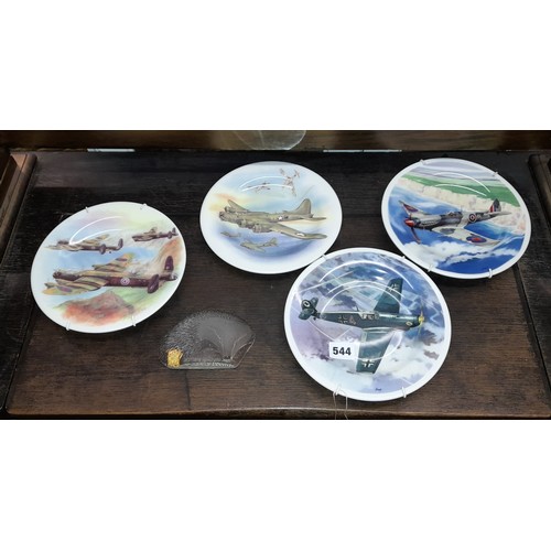 544 - MCDONALD FINE BONE CHINA ACE FIGHTERS AEROPLANE PLATES, AND A SWEDISH CRYSTAL PAPER WEIGHT