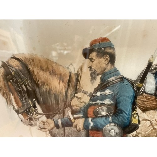 360A - PAIR OF FRENCH MILITARY CAVALRY PRINTS AFTER EDOUARD DETAILLE FRAMED AND GLAZED 43CM X 31CM