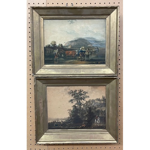 370 - 18TH CENTURY DUTCH ANTWERP SCHOOL OF FIGURES IN LANDSCAPES AFTER CUYP 17CM X 23CM