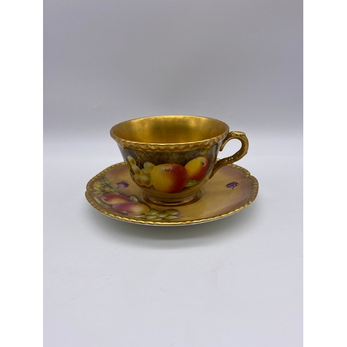 603 - ROYAL WORCESTER FRUIT PAINTED AND GILDED TEA CUP AND SAUCER PAINTED BY N. BUNEGAR 6.5CM H