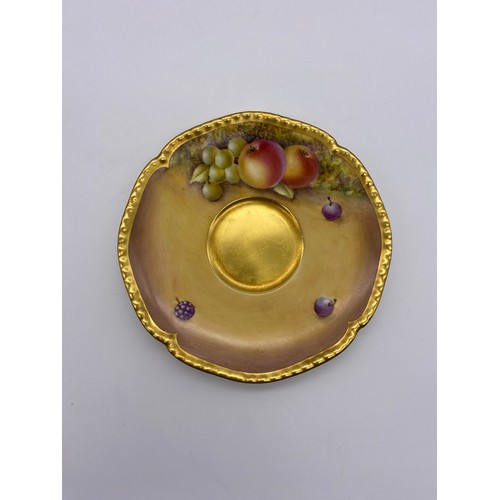 603 - ROYAL WORCESTER FRUIT PAINTED AND GILDED TEA CUP AND SAUCER PAINTED BY N. BUNEGAR 6.5CM H