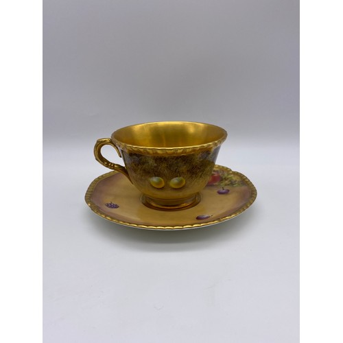 603 - ROYAL WORCESTER FRUIT PAINTED AND GILDED TEA CUP AND SAUCER PAINTED BY N. BUNEGAR 6.5CM H