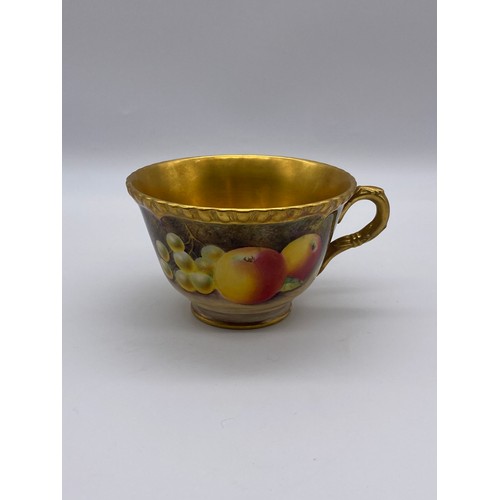 603 - ROYAL WORCESTER FRUIT PAINTED AND GILDED TEA CUP AND SAUCER PAINTED BY N. BUNEGAR 6.5CM H