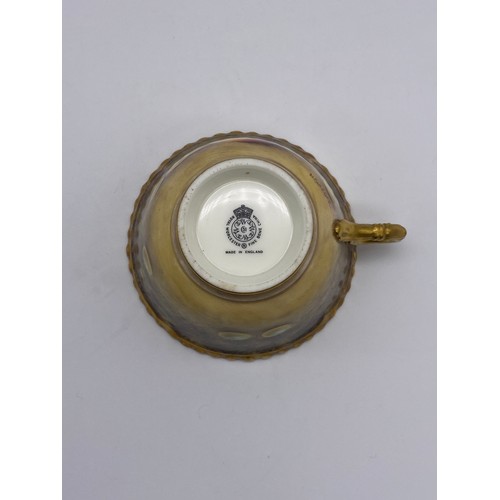 603 - ROYAL WORCESTER FRUIT PAINTED AND GILDED TEA CUP AND SAUCER PAINTED BY N. BUNEGAR 6.5CM H