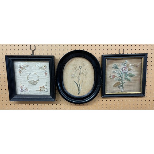 367 - TWO 19TH CENTURY EMBROIDERY PANELS OF THISTLES AND DAFFODILS AND MICRO FABRIC PANEL COLLAGE OF FLOWE... 