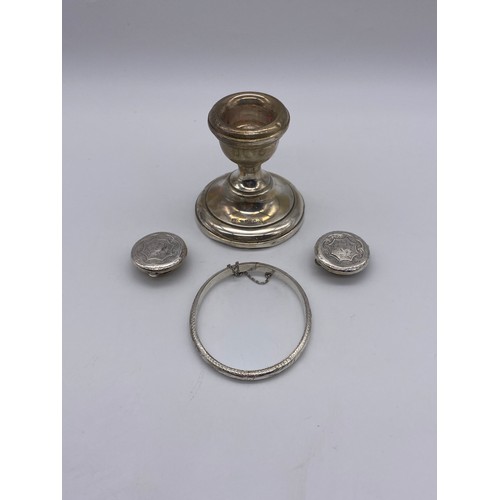 601 - SMALL SILVER CANDLE HOLDER, 925 ENGRAVED BANGLE AND CUFF LINKS 2.4OZ OVERALL APPROX