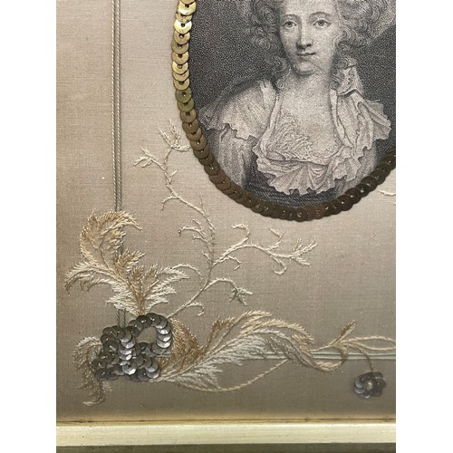 369 - STIPPLE ENGRAVING OF 18TH CENTURY PORTRAIT OF FEMALE IN SILK EMBROIDERED AND ENCRUSTED PANEL 20CM X ... 