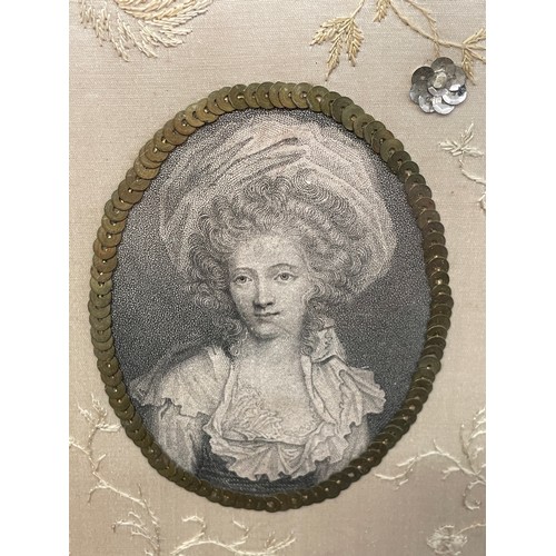 369 - STIPPLE ENGRAVING OF 18TH CENTURY PORTRAIT OF FEMALE IN SILK EMBROIDERED AND ENCRUSTED PANEL 20CM X ... 