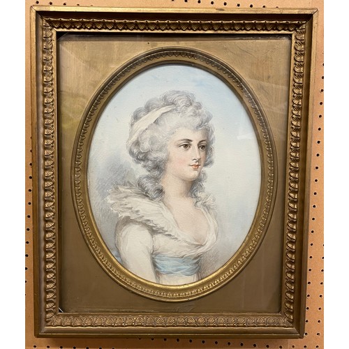 373 - 18/19TH CENTURY ENGLISH SCHOOL WATER COLOUR OF A HALF LENGTH PORTRAIT FRAMED AND GLAZED 33CM X 24CM