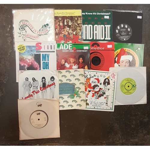 547 - VINYL BOX OF 45 RPM SINGLES MAINLY FESTIVE AND CHRISTMAS SONGS, WHAM, SLADE, ROY WOOD