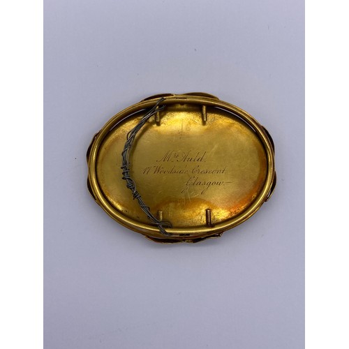 596 - 19TH CENTURY GILT METAL MOUNTED OVAL PORTRAIT MINIATURE OF GENTLEMAN WEARING A DICKIE BOW INSCRIBED ... 