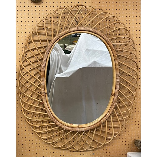 390 - VINTAGE ITALIAN RATTAN FRAMED OVAL MIRROR (POSSIBLY BY FRANCO ALBINI) 79CM X 66CM