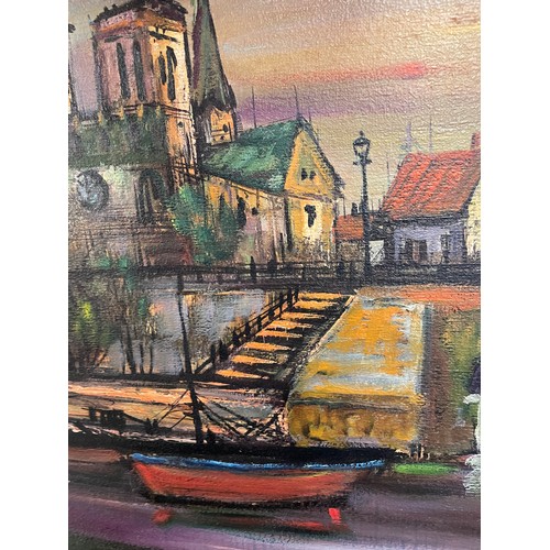 386 - OILS ON BOARD BOATS IN AN EVENING LANDSCAPE 7CM X 37CM