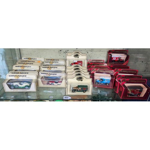 455 - SHELF OF MATCH BOX MODELS OF YESTER YEAR DIE CAST CARS AND WAGONS