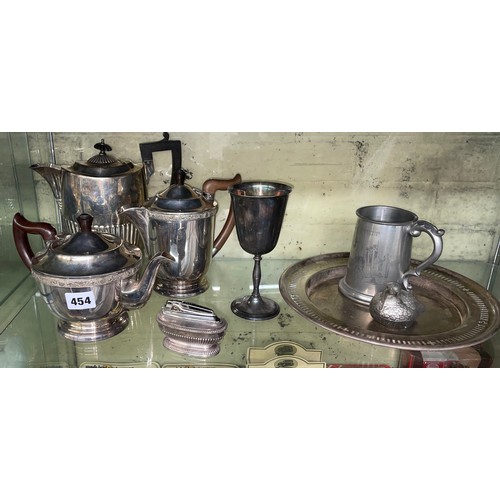 454 - EPNS COFFEE AND TEAPOT, PEWTER TRAY, GOBLET, RONSON TABLE LIGHTER