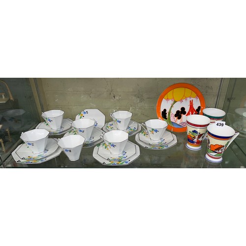 439 - MELBA BONE CHINA OCTAGONAL ART DECO TEACUPS AND SAUCERS AND CLARICE CLIFF DESIGN COFFEE CUPS