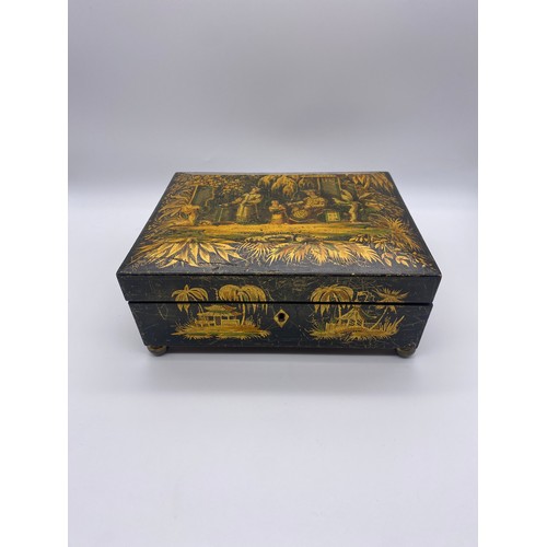 584 - 19TH CENTURY LACQUERED CHINOISERIE  SARCOPHAGUS GAMING TOKEN BOX 
CONTAINING MOTHER OF PEARL DISC, T... 