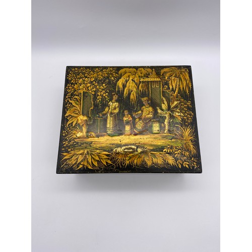 584 - 19TH CENTURY LACQUERED CHINOISERIE  SARCOPHAGUS GAMING TOKEN BOX 
CONTAINING MOTHER OF PEARL DISC, T... 