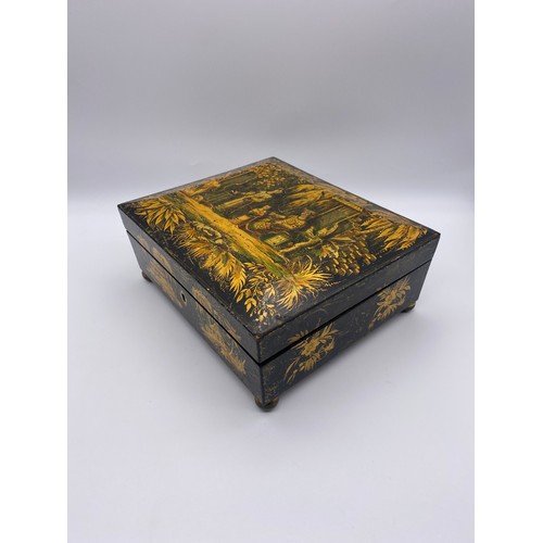 584 - 19TH CENTURY LACQUERED CHINOISERIE  SARCOPHAGUS GAMING TOKEN BOX 
CONTAINING MOTHER OF PEARL DISC, T... 